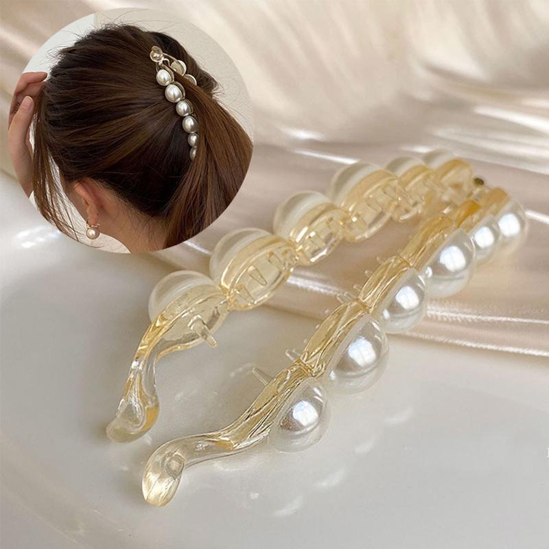 バナナクリップ ヘアクリップ レディース 女性用 髪留め 髪飾り ヘアアクセサリー ヘアアレンジ まとめ髪 きれいめ フェイクパール 大人上品 フォー