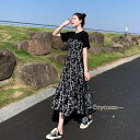 切り替えワンピース 花柄ワンピース 半袖ワンピース レディース 夏服 ミモレワンピース ロング丈 異素材 黒着痩せ 30代40代 フレア aライン 大人可愛い50代(4)