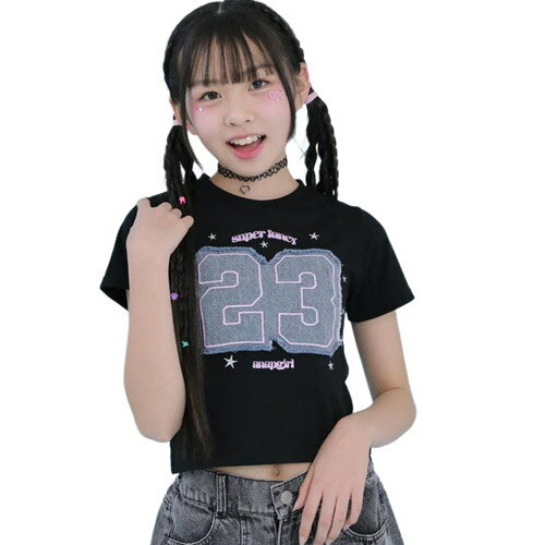 乐天商城 - ANAP GIRL（アナップ ガール） デニム ナンバリング ワッペン ミニ Tシャツ ブラック XS(135-145cm)/S(145-155cm)/M(155-165cm) メール便OK 2026春夏 新作