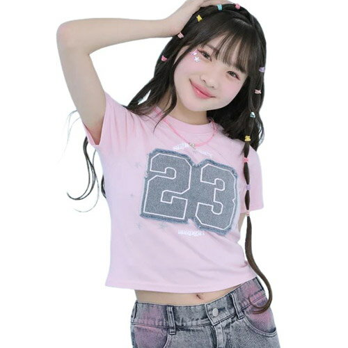 乐天商城 - ANAP GIRL（アナップ ガール） デニム ナンバリング ワッペン ミニ Tシャツ ライトピンク XS(135-145cm)/S(145-155cm)/M(155-165cm) メール便OK 2026春夏 新作