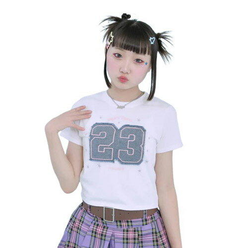 乐天商城 - ANAP GIRL（アナップ ガール） デニム ナンバリング ワッペン ミニ Tシャツ ホワイト XS(135-145cm)/S(145-155cm)/M(155-165cm) メール便OK 2026春夏 新作