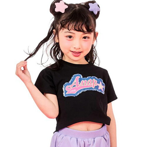 ANAP KIDS（アナップキッズ ANAP KIDS） デニムワッペン付 Tシャツ ブラック 110cm/120cm/130cm メール便OK 2026春夏 新作