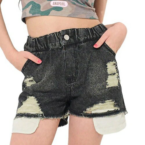 乐天商城 - ANAP GIRL（アナップ ガール） ダメージ イージー ショートパンツ デニム ブラック XS(135-145cm)/S(145-155cm)/M(155-165cm) メール便OK 2026春夏 新作