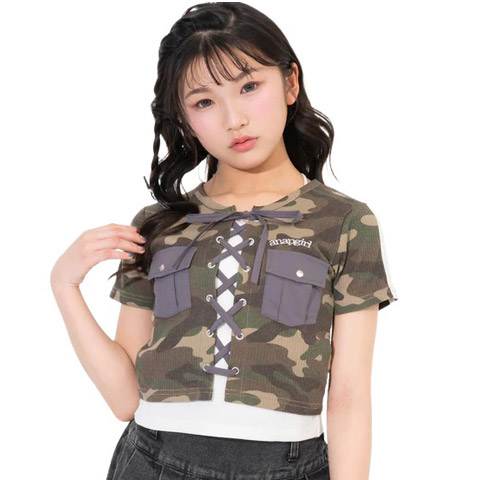 Rakuten - ANAP GIRL（アナップ ガール） ライン入 スピンドル レイヤード リブトップス カモフラ 迷彩 カーキ XS(135-145cm)/S(145-155cm)/M(155-165cm) メール便OK 2026春夏 新作