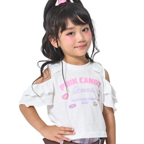 Rakuten - ANAP KIDS（アナップキッズ ANAP KIDS） ぷっくりプリント 肩アキ フリル トップス 半袖Tシャツ ホワイト 110cm/120cm/130cm メール便OK 2026春夏 新作