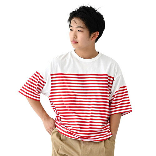 乐天商城 - FOV（フォブ） ボーダー切り替えTシャツ レッド F(160cm-170cm)　 メール便OK 2026春夏 新作