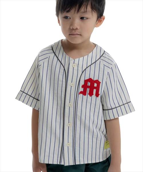 短袖 - MAKE YOUR DAY（メイクユアデイ） ストライプベースボールシャツ アイボリー (80-140cm) メール便OK 2026春夏 新作