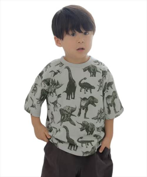 乐天商城 - MAKE YOUR DAY（メイクユアデイ） リアルダイナソー総柄半袖Tシャツ グリーン (80-140cm) メール便OK 2026春夏 新作