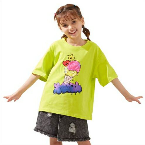 Rakuten - X-girl Stages（エックスガールステージス） 【接触冷感】キラッキーアイスクリーム 半袖Tシャツ グリーン(イエローグリーン 黄緑)（80-140cm） メール便OK 2026春夏 新作