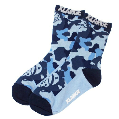 乐天商城 - XLARGE KIDS（エクストララージキッズ） 子ども用 靴下 13-21cm ファニーゴリラカモ総柄 クルーソックス ブルー メール便OK 2026春夏 新作