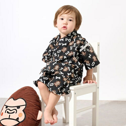 Rakuten - 10%OFFセール SALE XLARGE KIDS（エクストララージキッズ） ファニーゴリラ総柄甚平 クロ ブラック（80-130cm） メール便OK 2026春夏