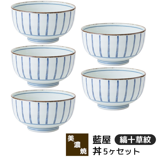 樂天商城 - 【取寄品】 美濃焼 藍屋 丼 5ヶセット 縞十草紋大きい丼ぶり 丼物 大きめ どんぶり鉢 丼鉢 麺類 ボウル おしゃれ かわいい 可愛い 伝統模様 十草模様 和柄 和風 普段使い 食器セット 電子レンジ対応 食洗機対応 ギフト お祝い プレゼント 結婚祝い 母の日 日本製