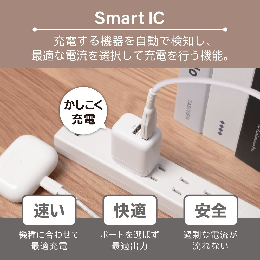 【アウトレット商品】 最大12W USB Type-A 2ポート AC充電器 ＋ 超タフUSB Type-A to Lightningケーブル セット 1.2m