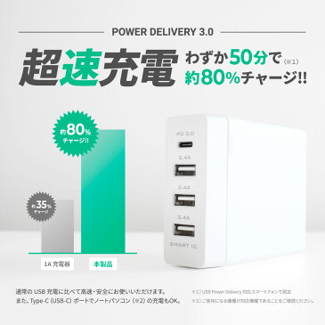 4ポートAC充電器 Power Delivery 3.0対応USB Type-C 1ポート ＋ USB Type-A 3ポート搭載 2年保証 急速充電 コンセント iPhone iPad Android スマートフォン 宅C