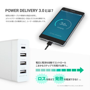 4ポートAC充電器 Power Delivery 3.0対応USB Type-C 1ポート ＋ USB Type-A 3ポート搭載 2年保証 急速充電 コンセント iPhone iPad Android スマートフォン 宅C