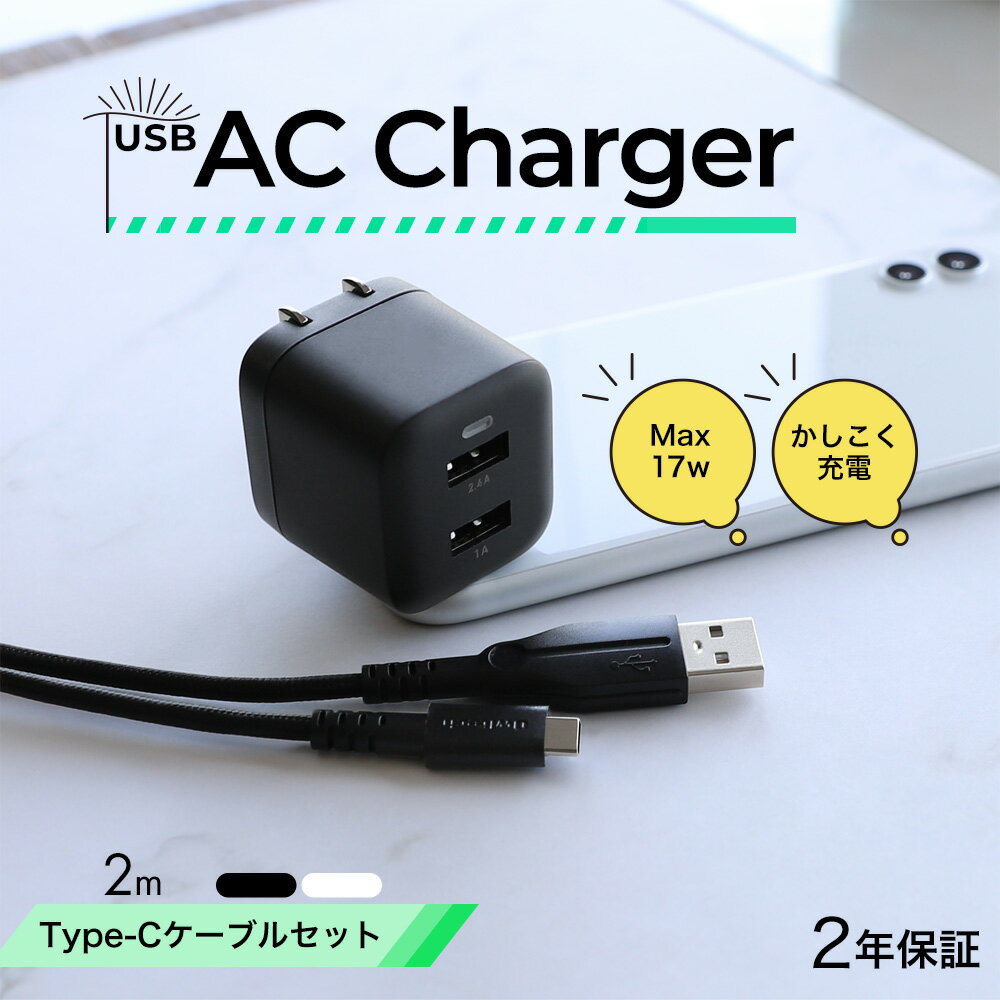 売切り特価 最大17W USB Type-A 2ポート AC充電器 超タフUSB Type-A to USB Type-C ケーブル セット 2m 2年保証