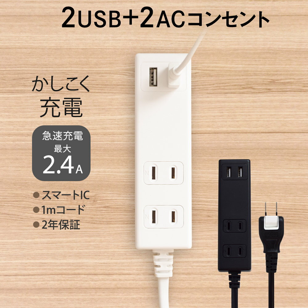 OAタップ スマートIC搭載 急速充電2.4A出力対応 USBポート付きUSBポート×2 1m 100cm 電源タップ コンセント 宅C