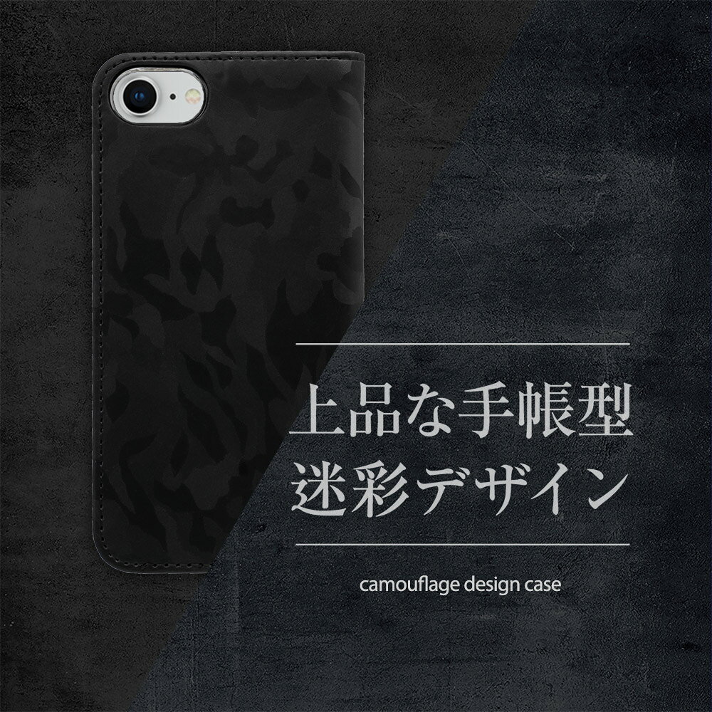手帳型 スマホケース PUレザー 迷彩柄 ブラ...の紹介画像2
