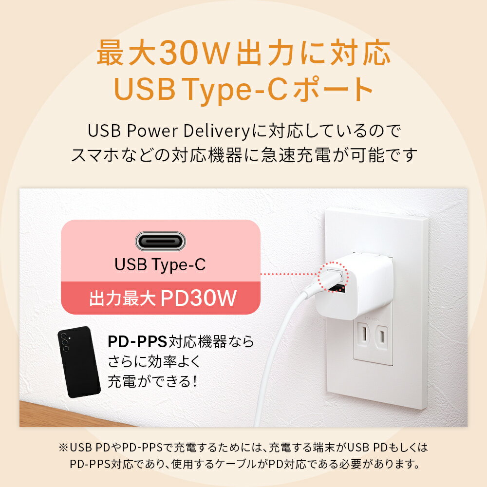 超速AC充電器 USB Type-C×1 Type-A×1 最大PD30W出力 GaN採用 2年保証