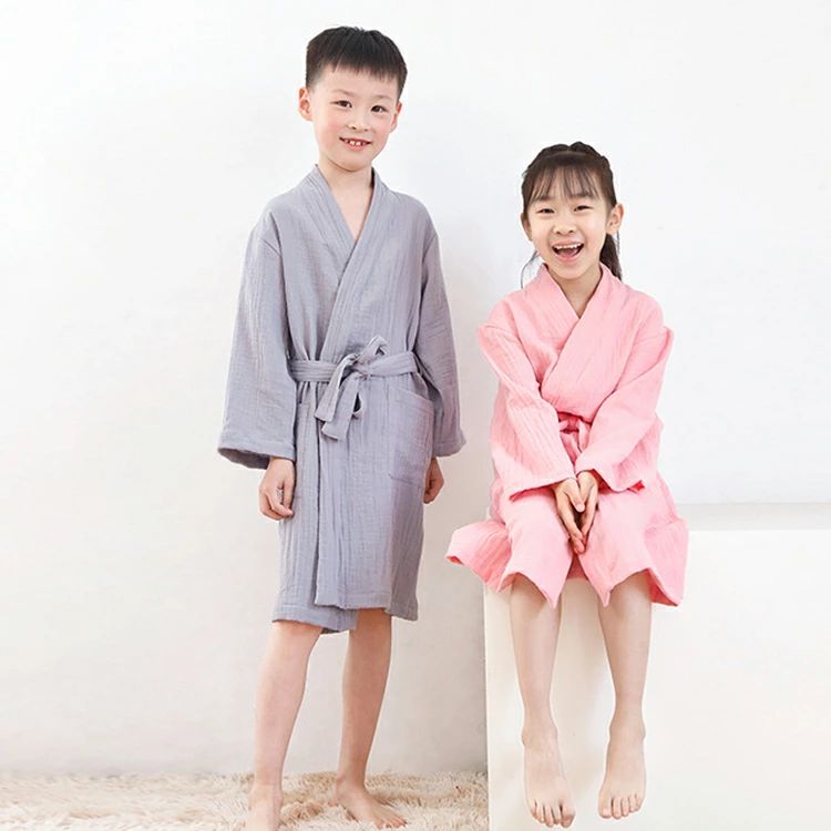 子供 春夏用 女の子男の子 ガーゼコットン 薄手 長袖 春夏用 バスローブ 風呂 温泉 女の子男の子 ナイトガウン ホワイト ピ