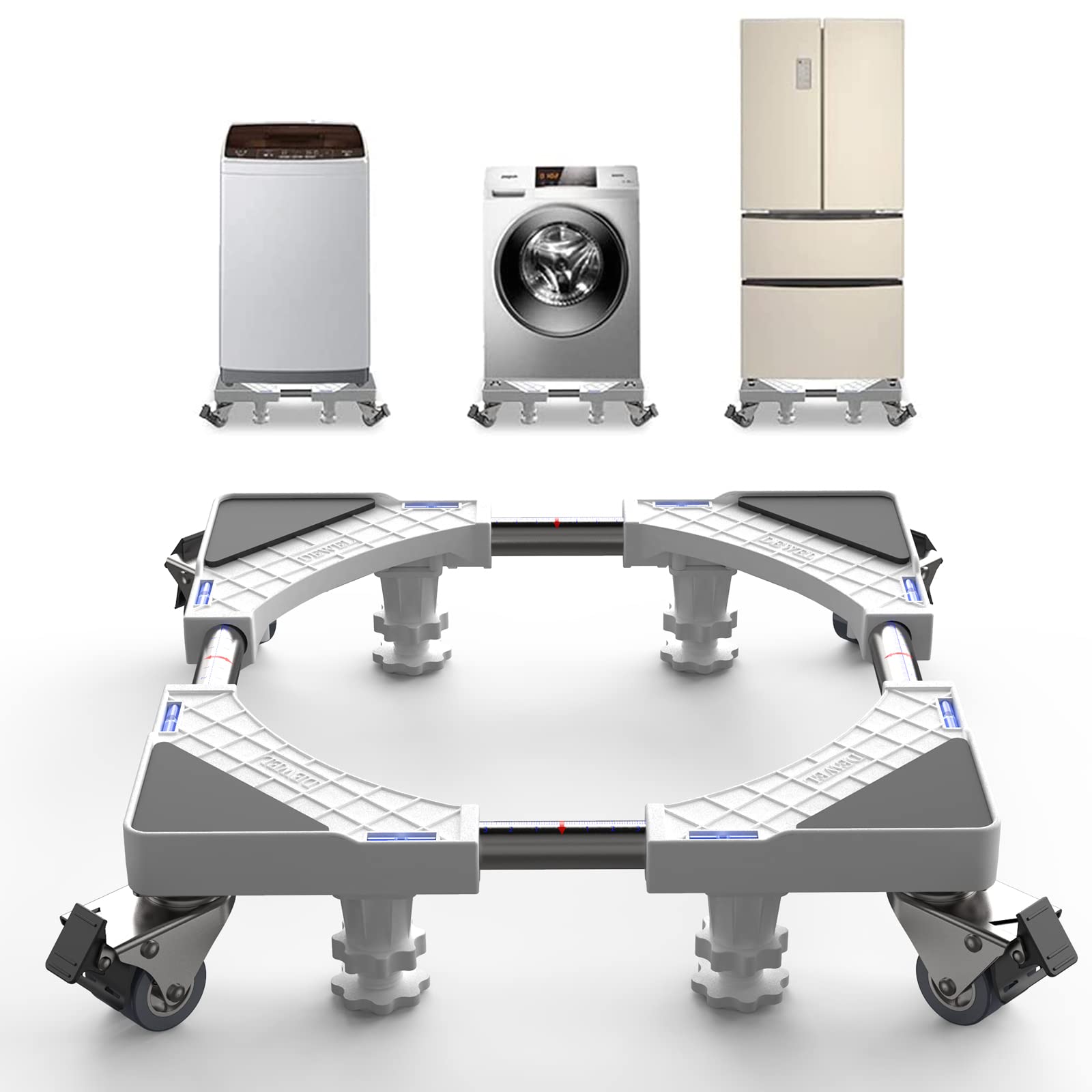 洗濯機 台 冷蔵庫置き台 4足8輪 かさ上げ 移動式 伸縮式 幅/奥行44.8〜65cm ジャッキ付き キャスター付き 減音防振 調節簡単 昇降可能 丈夫 ステインレス製 防振パッド付き（ねじ作業は弊社完了で発送）