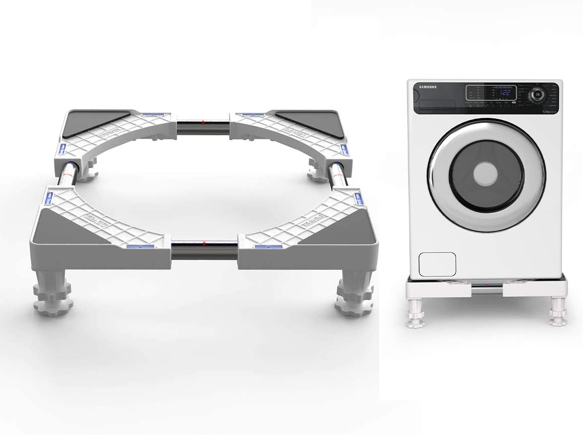 洗濯機 台 DEWEL 冷蔵庫置き台 耐荷重約300kg かさ上げ 高さ調節 伸縮式 幅/奥行44.8〜69cm 減音防振 調節簡単 昇降可能 4足 ステインレス製 ジャッキ付き 防振パッド付き