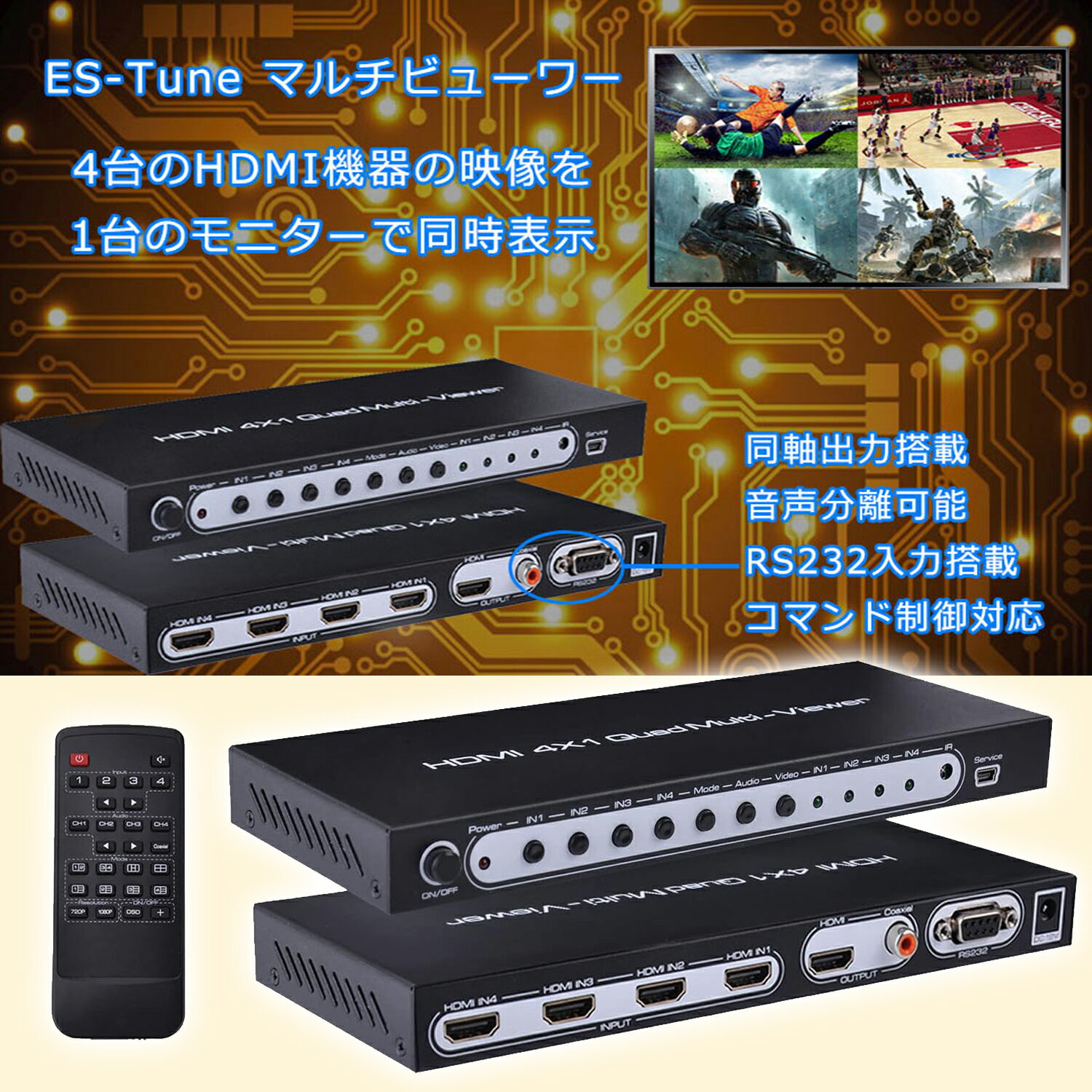 【お買い物マラソンP10付き】ES-Tune HDMI画面分割器 マルチビューワー 画面分割 企業・エンジニア用 音声出力チャンネル切替可能 シームレス切り替え 分配器 リモコン付