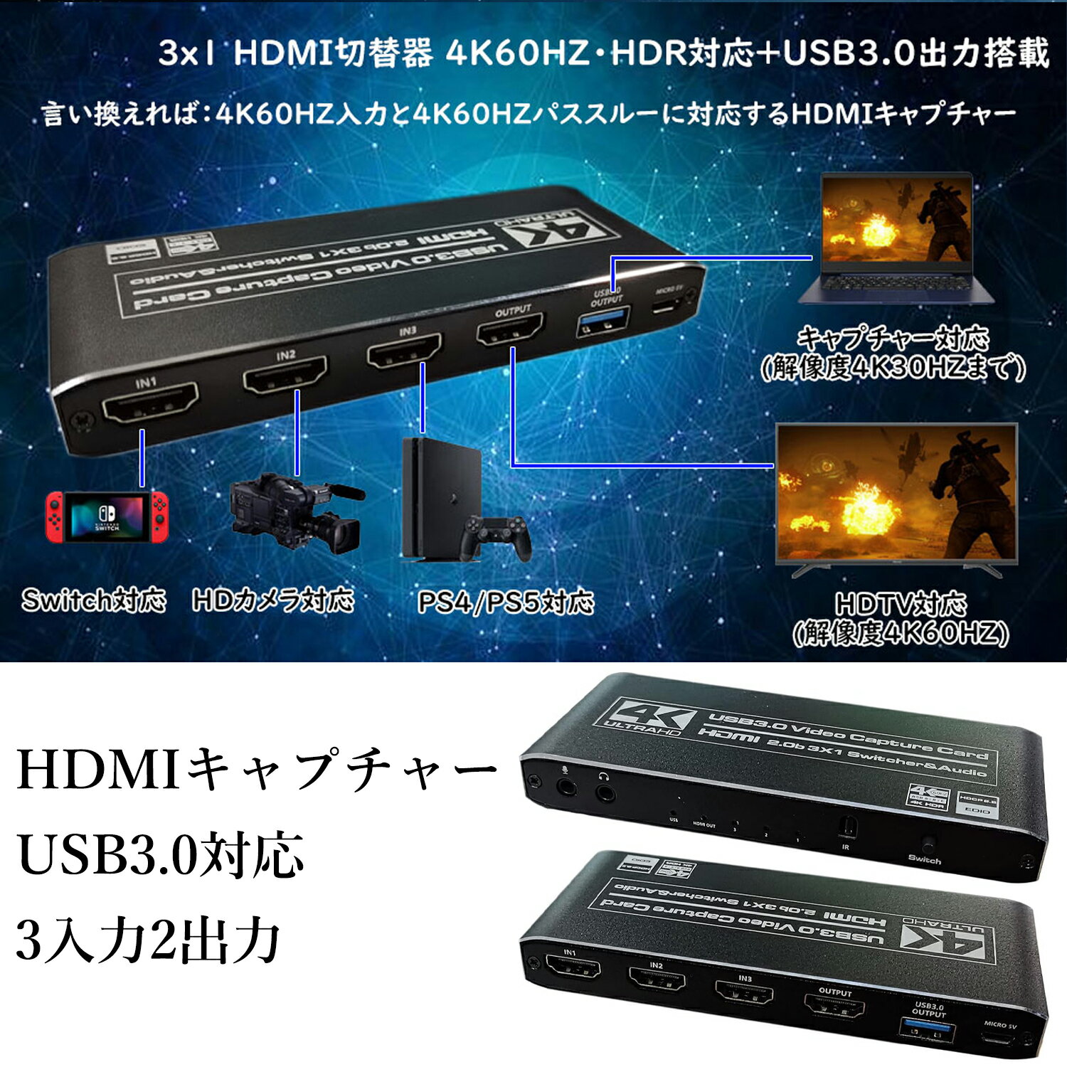 商品情報高解像度1080P、2Kを含め、480Pから4K@60HZまでの解像度にサポート、4台のHDMI機械の画像を切り替えて、高品質の4KHD映像を出力します。高規格HDMI2.0、HDCP2.2規格、これまでの機種に対応できるし、データがコピーされることを防止。300 Mbpsの帯域幅でデータ伝送スピードが10.2Gbpsに達し、安定でデータを伝送し、画像をリアタイム表示します。高品質21.8X10.6X2.8cm、必要なトランジスタやチップが揃っていて、画面がチラチラとなったり、黄色になったり、画面に花が出たりすることはありません。自動切替信号源やケーブルを繋ぐ時、電圧検知に基づく自動切替ができます。更に、ボタンでチャンネルを切り替える時、ケーブルの接続していないチャンネルを自動的にスキップします。切り替えます。リモコンがついていて、8M以内の遠隔操作ができます。 音声分離LPCM 7.1CH、Dolby Digital 5.1CH、DTS 5.1CH、Dolby TrueHD &DTS-HD Master Audio7.1CHなどの高品質オーディオに対応します。光ファイバーでデジタルオーディオ、2CHのアナログオーディオを出力できます。Iseebiz HDMI切替器 4入力1出力 4k60HZ HDR対応 HDMI2.0 HDCP2.2 自動切替 音声分離 PS4pro動作確認済み 光デジタル Dolby/DTS 5.1オーディオ対応 日本語説明書付き HDMI2.0、HDCP2.2規格 自動切替 LPCM 7.1CH、Dolby Digital 5.1CH、DTS 5.1CH、Dolby TrueHD &DTS-HD Master Audio7.1CHなどの高品質オーディオに対応します。 商品について 【切替器】HDMI 3x1切替器、3台のHDMI機器と接続し、その中の1台の画面を出します。4K60HZ HDRのハイビジョンにサポートし、美しい画面を楽しめます。【キャプチャーボード】USB3.0出力を搭載、HDMI出力と同じ映像を4K30HZのハイビジョンでパソコンに出力して生配信ができます。HDRにはサポートしません。PS4、XboxやNintendo Switchなどの家庭用ゲーム機の映像・音声をPCに映したり、録画・ライブ配信（生放送）が可能です。YouTube、Facebook、Twitterなどの動画配信サイトへゲーム実況動画を投稿することができます。ディスプレイを1つだけ持っている時、これでゲーム機の画像をパソコンに送り、ゲーム機とパソコンと同じディスプレイを共有することにもなります。HDMIパススルー機能も搭載されたため、パソコンを見ながらプレイする必要がなくなり、ゲーム画面の表示遅延を気にすることもなく、快適にプレイすることができます。 USB3.0出力を搭載 省スペースを実現するアダプタタイプ 切替器 USB3.0出力を搭載 省スペースを実現する切替器が欲しい方 高品質の商品を追求したい方 いつもお世話になっております。この商品はPS4、XboxやNintendo Switchなどの家庭用ゲーム機の映像・音声をPCに映したり、録画・ライブ配信（生放送）が可能です。YouTube、Facebook、Twitterなどの動画配信サイトへゲーム実況動画を投稿することができます。ぜひ、お試しいかがでしょうか。 1