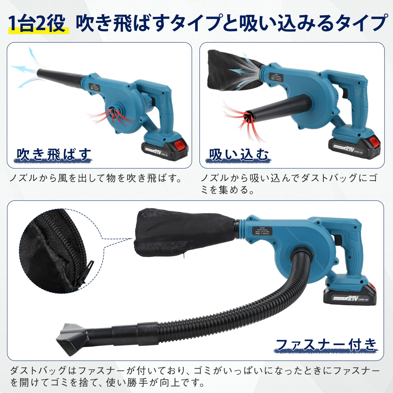 �ڥ��եȱ���SALE��10��Px8��OFF�� ���ż� �֥�� ����2.8m3/min �۹���1��2�� �Хåƥ��2�� ̵����® �᤭���Ф� Ϣ³20ʬ�ֻ��� �����ɥ쥹�֥�� �Х��塼�� ������ ���е� ������ݽ� ���� ����1.2kg �����ȥХå��դ� ���ܸ�谷�������դ� Iseebiz