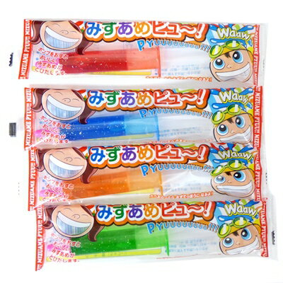 注射器のような容器に入った水飴のお菓子。 美味しく食べた後は水鉄砲にして遊べちゃうのも面白い。 ※商品の規格変更などにより、パッケージや製品記載の内容等、異なる場合がございます。 ※メーカーの都合上、商品リニューアルとなりました際は、リニューアル後の商品をお送りしますこと、何卒ご了承下さい。 ★100本（20本入×5）単位はこちらから 商品名 みずでっぽうアメ みずあめピュー 製造者 株式会社　茶茶 内容量 10ml 賞味期限 パッケージに記載 原材料 水飴、香料、酸味料（クエン酸）、着色料（青色アメ：青色1号、赤色アメ：赤色102号、橙色アメ：黄色5号、緑色アメ：黄色4号・青色1号） 保存方法 直射日光、高温多湿はお避けください。 備考 ・メーカー取り寄せ可能商品となります。 ・大量注文の場合は発送までにお時間を頂く場合があります。業務用やイベント等に必要な場合はお問い合わせください。・数量がご希望に添えない場合がございますのでその際は当店からご連絡させていただきます。 JANコード 4562199260406■メーカー終売・規格変更・パッケージ変更等について ご注文済みの商品がメーカの都合上、終売、名称変更・内容量変更等々になっている場合があります。 また、大変申し訳ございませんが弊社の規格変更などの修正漏れ（遅れ）、メーカー案内漏れ（遅れ）などの場合がございますので予めご了承ください。 商品内容量減量でJANコードを変更しない商品なども多々ございます。 誠に申し訳ありませんが、ご了承の上、お買い求めください。 商品説明変更・規格変更等々、出来る限り更新しておりますので、変更漏れなどの場合は何卒ご容赦ください。 ※画像はあくまでも参考画像です。 ■食品商品の賞味期限について メーカー表記の賞味期限に近い商品を発送するように心がけております。 店内の在庫商品を発送する場合に関しても1ヶ月以上期限が残っている商品を発送しております。 特価商品につきましては、期限の残日数が少ない場合がございます。 ※半生系のお菓子 商品の特性上、元々賞味期限の短い商品がほとんどです。 発送する商品に関しましても他の商品より賞味期限が短くなりますのでご了承ください。 ■取り扱い商品・欠品等について ・メーカー休売・終売・弊社取り扱い中止の際は、ご容赦ください。 ・入荷待ち（欠品）商品・大量注文の場合は発送までにお時間を頂く場合があります。また、業務用やイベント等に必要な場合はお問い合わせください。 ・実店舗と並行して販売しております。在庫の更新が間に合わず、ご注文数量がご希望に添えない場合がございますのでその際はご容赦ください。 ※商品毎に注意事項が異なります。ご購入の際は備考欄とページ下部説明をご覧になった上でのご購入をお願いいたします。 ※詳細は自動返信メールの後、当社より再度2度目の確認メールにてお知らせいたします。自動返信メールが届かない場合はメールアドレスの記載間違え等の可能性がございますので、再度ご確認下さい。