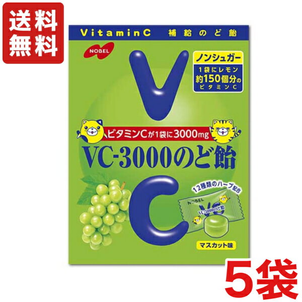 【送料無料】ノーベル製菓 VC-3000のど飴 マスカット ×5袋 袋タイプのキャンデー ノンシュガー 飴【メール便】