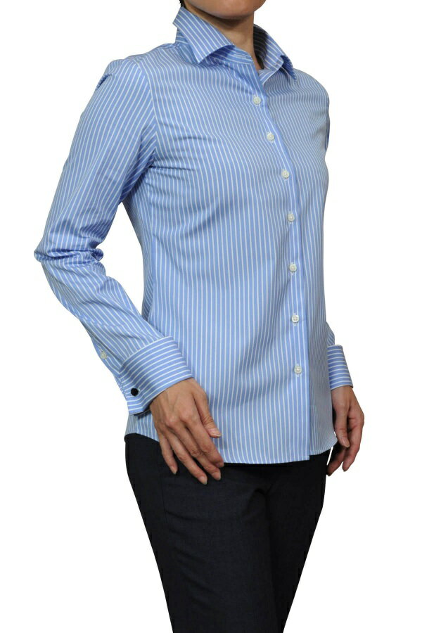 レディースシャツ レディース ワイシャツ | シャツ ドレスシャツ 長袖 yシャツ おしゃれ ブラウス 日本製 長袖シャツ ビジネスシャツ オフィス ストライプ ブルー 青 高級 カフスシャツ ビジネス OL 綿100％ ビジネスワイシャツ長袖 オフィスカジュアル