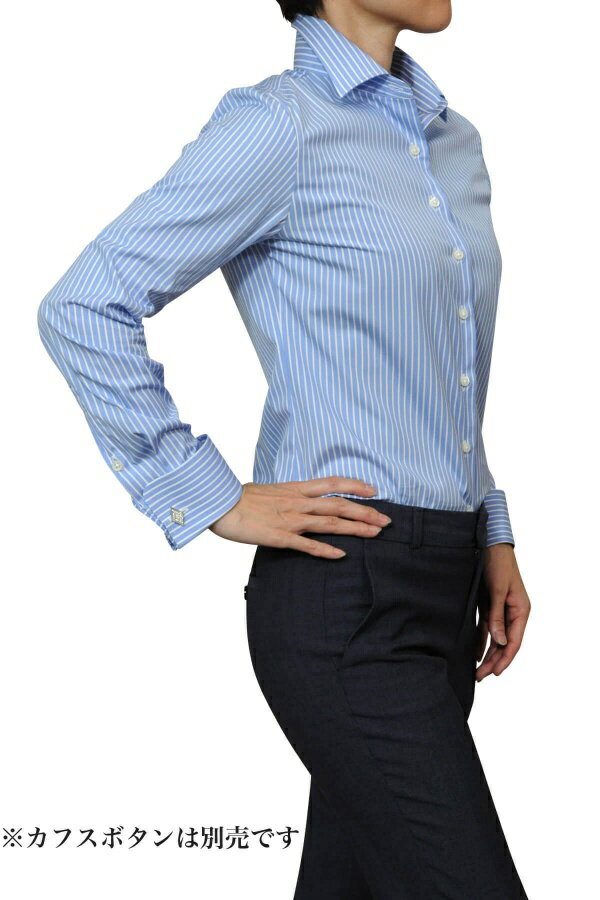 レディースシャツ レディース ワイシャツ | シャツ ドレスシャツ 長袖 yシャツ おしゃれ ブラウス 日本製 長袖シャツ ビジネスシャツ オフィス ストライプ ブルー 青 高級 カフスシャツ ビジネス OL 綿100％ ビジネスワイシャツ長袖 オフィスカジュアル