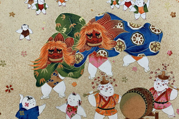 友禅紙総柄　大　みこし・獅子舞・山車　『日本の祭り』　ベージュ　17