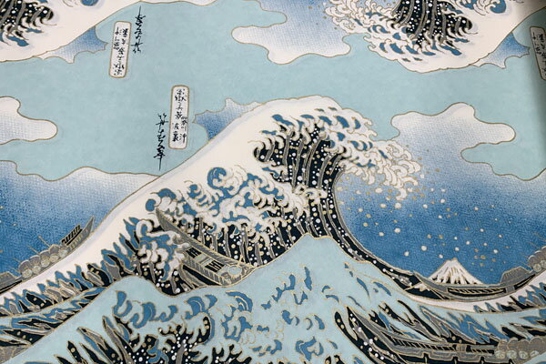 機械漉き友禅紙　沖浪裏図風　青　3372