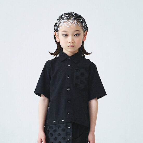 Short Sleeves - 【メーカー価格16500円】garcon la raison 2WAY半袖シャツ 切替 ラインジャガード フリンジドット 襟付き 前開き 女の子 男の子 キッズ 夏 綿100% 水玉 半袖 シャツ トップス モノトーン モード系 ギャルソンラレゾン 32430T