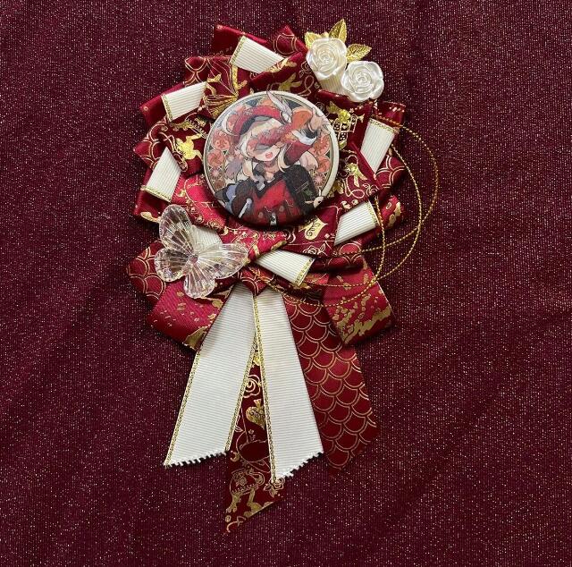 58-65mm缶バッジ用 豪華ロングロゼット レッド ゴールド ★ ロゼッタ 赤 金 痛バ デコレーション オーナ..