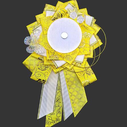 58-65mm缶バッジ用 豪華ロングロゼット イエロー ゴールド ★ ロゼッタ 黄色 金 痛バ デコレーション オ..