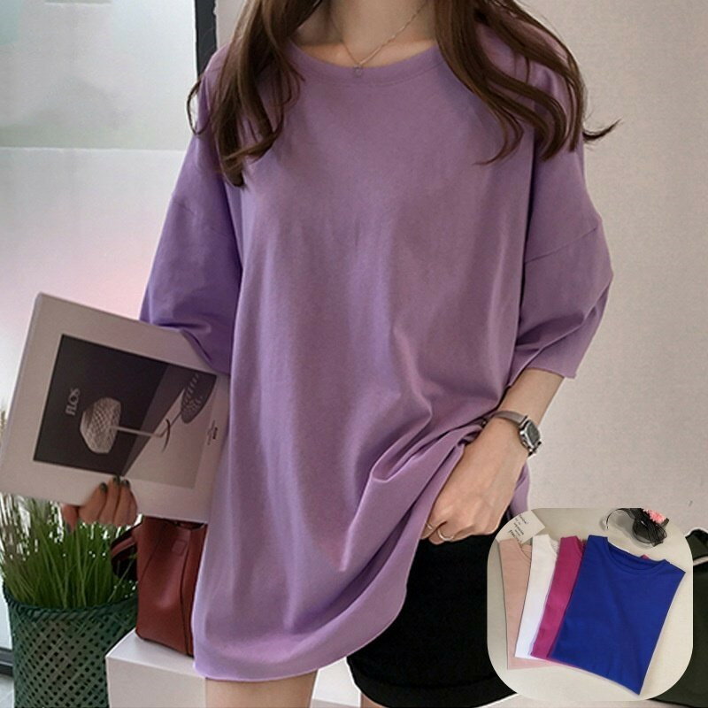 樂天商城 - チュニック 女性 Tシャツ チュニック 6分袖 ラウンドネック 無地 シンプル ビッグシルエット オーバーサイズ お洒落