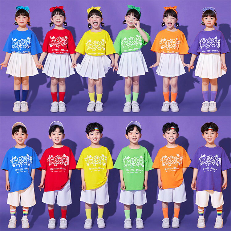 8color！ キッズ 子供服 セットアップ ジャズ ダンス衣装 女の子 男の子 半袖 シャツ 短パン スカート k-pop 子供服 ヒップホップ 幼稚園 保育園 応援団 演出 団体服 原宿系 可愛い おしゃれ レッスン ダンスウェア hiphop 発表会 100-180