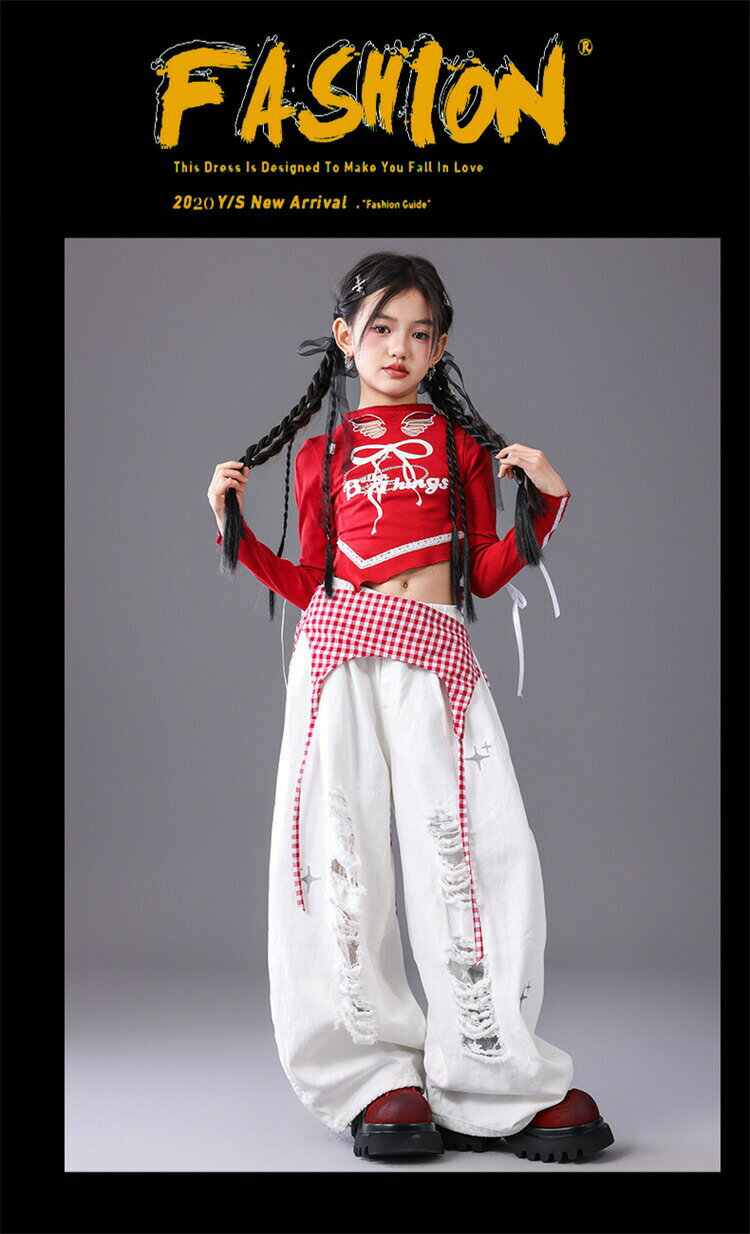 ガールズ ダンス衣装 赤 長袖 ダメージ キッズ スカート パンツ セットアップ ストリート系 ジャズ 日常着 ジュニア jazz K-POP オシャレ 練習着 団体服 応援団 発表会 110-180 2