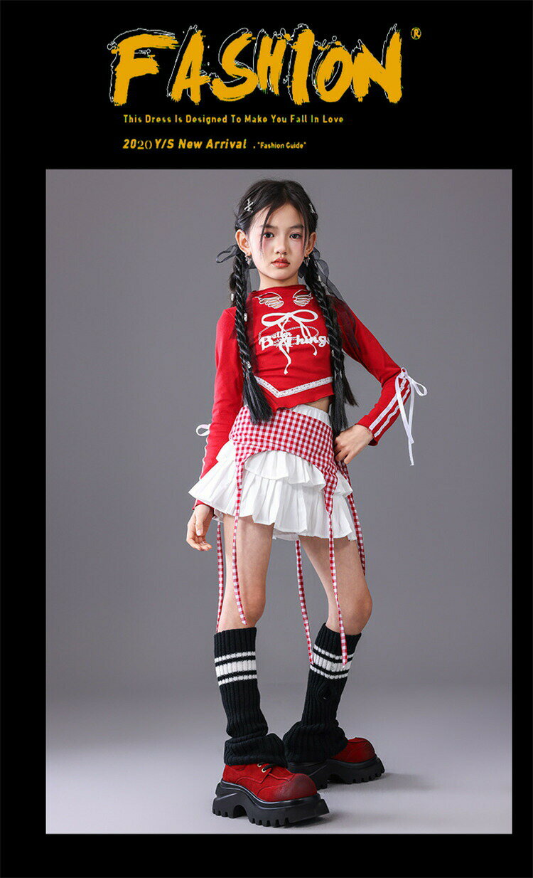 ガールズ ダンス衣装 赤 長袖 ダメージ キッズ スカート パンツ セットアップ ストリート系 ジャズ 日常着 ジュニア jazz K-POP オシャレ 練習着 団体服 応援団 発表会 110-180 3