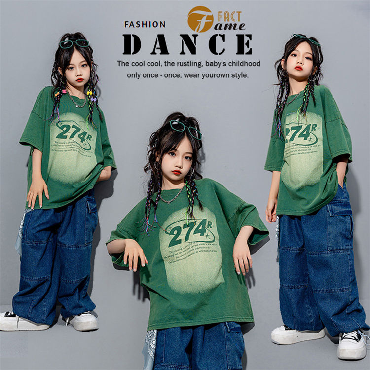 キッズダンス衣装 セットアップ デニムパンツ グリーン Tシャツ ダンス ヒップホップ 女の子 男の子 トップス hiphop ダンス衣装 半袖 ガールズ 演出服 ダンスウェア ジュニア ジャズ レディース メンズ DANCE jazz K-POP 110-180cm