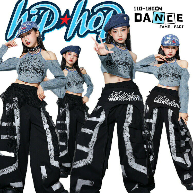 樂天商城 - キッズ k-pop ガールズ 女の子 ダンス衣装 子供服 ヒップホップ 肩出し デニム ホルターネック 長袖 へそ出しトップス ブラック カーゴパンツ ズボン 柄パンツ レース ラップスカート Y2K 応援団 発表会 ジュニア 団体服 練習着 hiphop 110-180