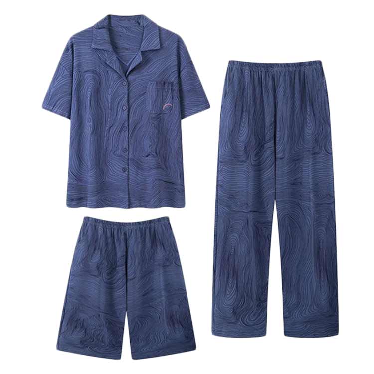 P-NEEDSの涼しい 3点セット 前開き メンズ 半袖 パジャマ ハーフパンツ 綿 男性用 半袖 上下 長ズボン 男性用 ルームウェア 部屋着 チェック柄 薄手 紳士 入院 リラックス 寝間着 セットアップ 父の日 敬老の日 ギフト 夏用｜アングル2
