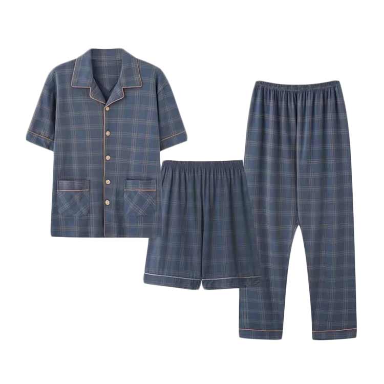 P-NEEDSの涼しい 3点セット 前開き メンズ 半袖 パジャマ ハーフパンツ 綿 男性用 半袖 上下 長ズボン 男性用 ルームウェア 部屋着 チェック柄 薄手 紳士 入院 リラックス 寝間着 セットアップ 父の日 敬老の日 ギフト 夏用｜アングル3