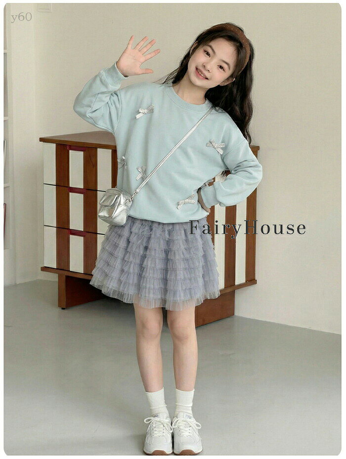 P-NEEDSの送料無料 子供服 女の子 セットアップ 春服 秋服 2点セット キッズ 蝶結びスウェット+チュールスカート 上下セット 学生 かわいい スカートセット ファッション 発表会 撮影写真 イベント 誕生日 通学着 お祝い お呼ばれ 記念日 パーティー レジャー 120 130 140 150 160 170｜アングル3