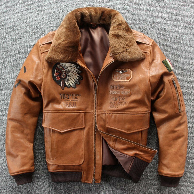 Leather Jacket - ラム革ジャケット　フライトジャケット　本革ジャケット　綿入り　羊革　レザージャケット　厚手　ウールファー襟　刺繍　革ジャン　メンズ
