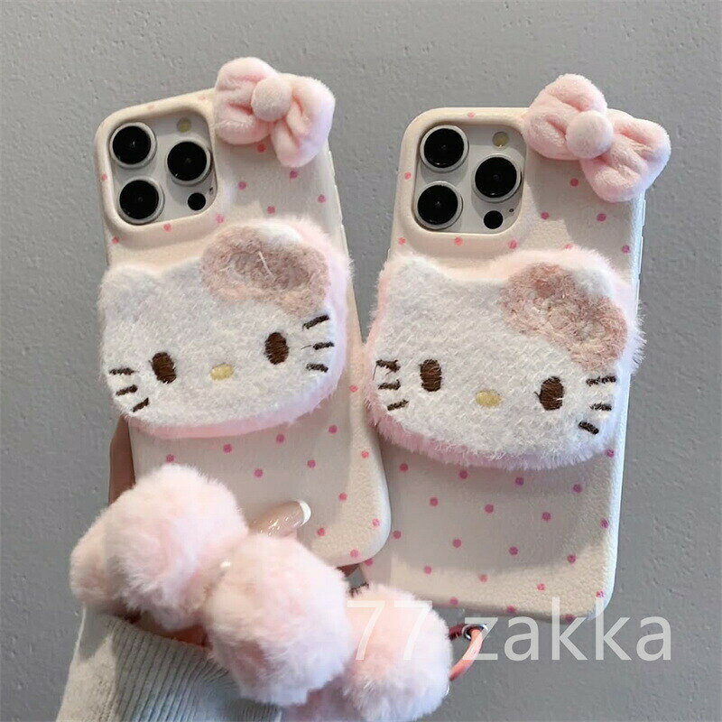 冬 フリース あったか hellokitty猫 かわいい モフモフ ポンポンストラップ チャーム 付き　レディー　iPhone17 シリーズ スマホケース
