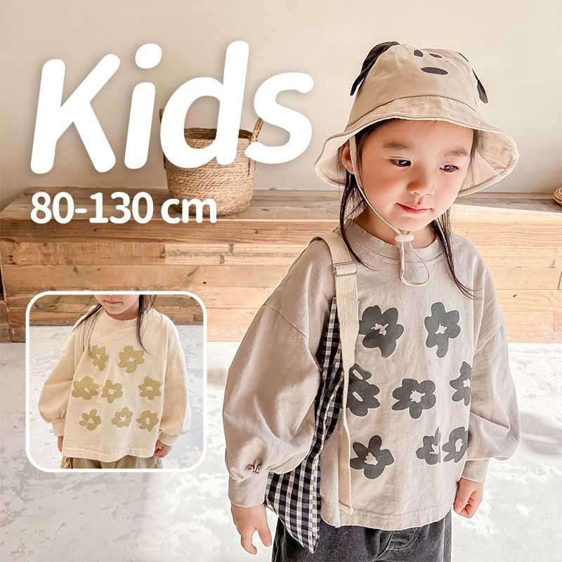 Rakuten - 長袖 キッズ Tシャツ 幼稚園 小学生 長袖シャツ 花プリント 80~130cm ガールズ ボーイズ 女の子 男の子 ユニセックス キッズ 可愛い トップス 花 プリント 長袖 春 秋 冬 お部屋着